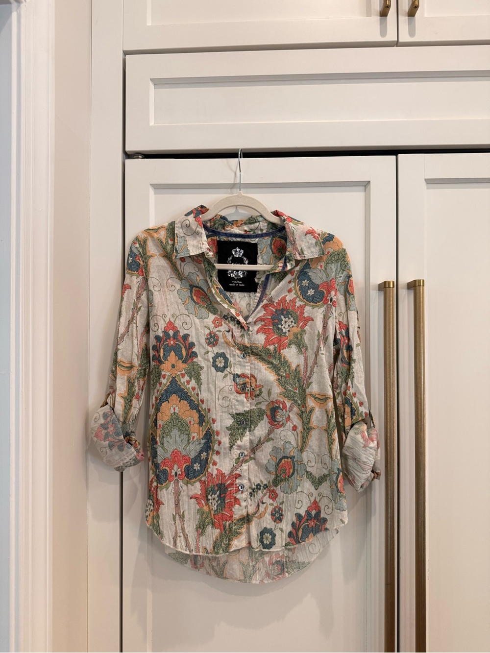 Floral Paisley Button-Down Shirt in Cream with Red & Green Accents